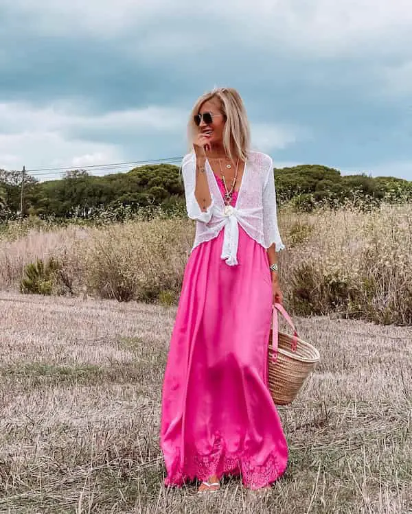 Pink Long Baggy Gown + White Blouse + Sunglasses + Basket Bag