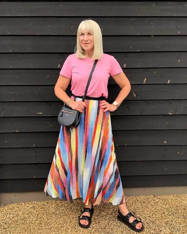 Pleats Midi Skirt with Pink Top + Sandals and Chic Bag