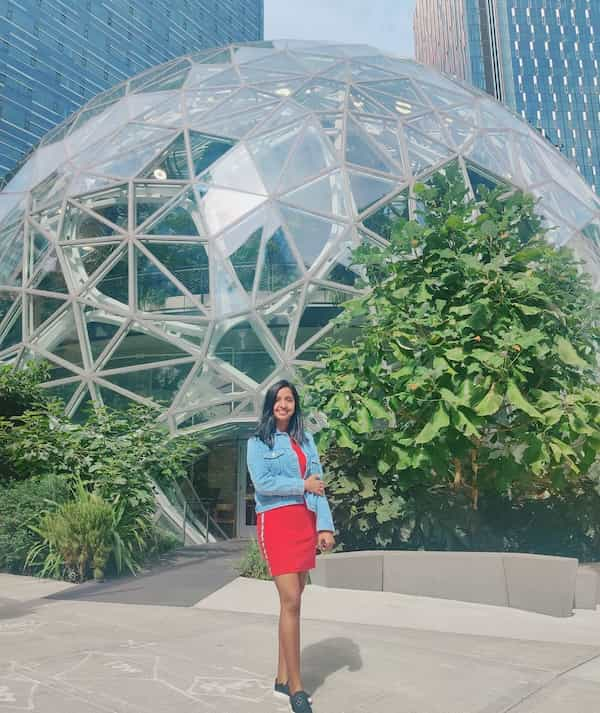 Red Mini Gown Dress with Denim Jacket and Sneakers