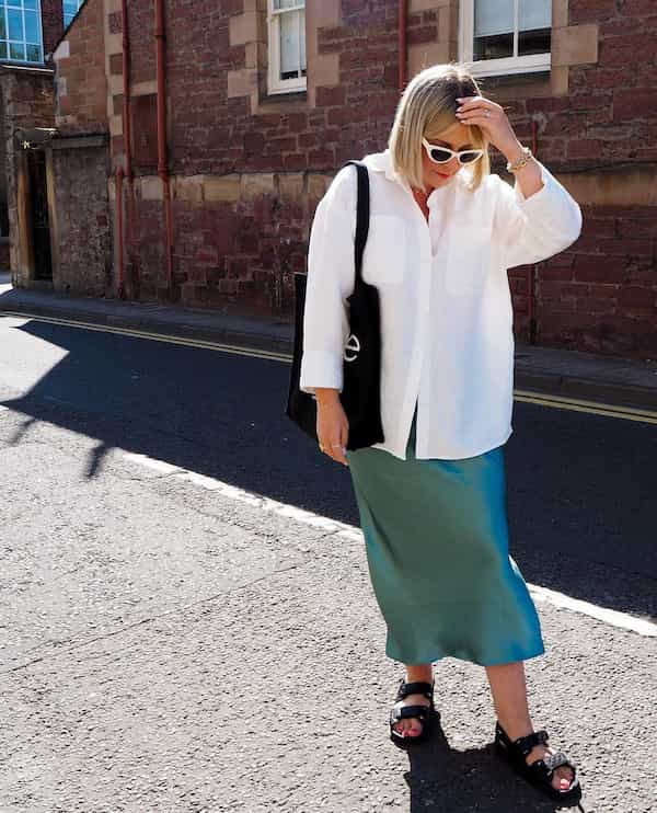 Satin Midi Skirt with White Long Sleeve Shirt + Sandals +  Bag and Sunglasses