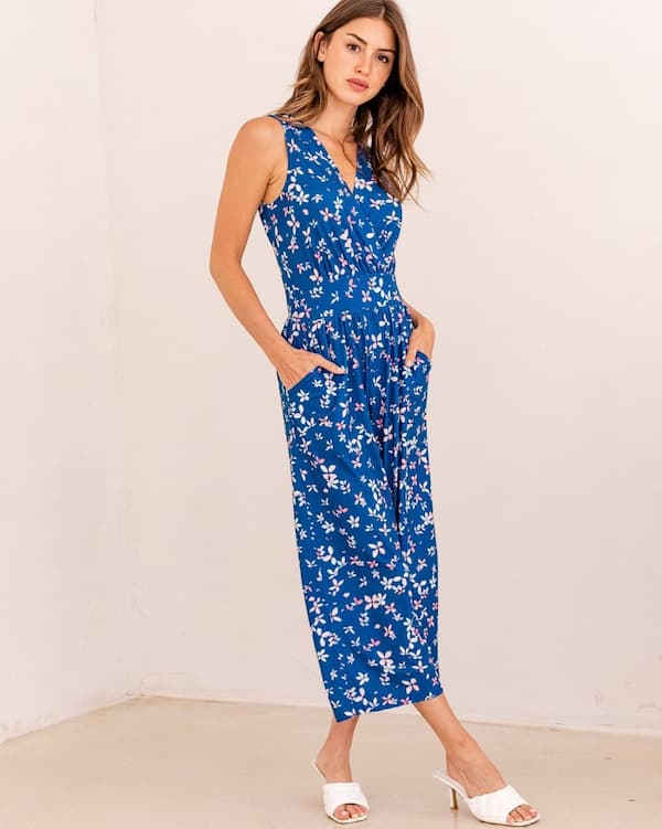 Silky Floral Blue Sleeveless Jumpsuit with Mid Heels