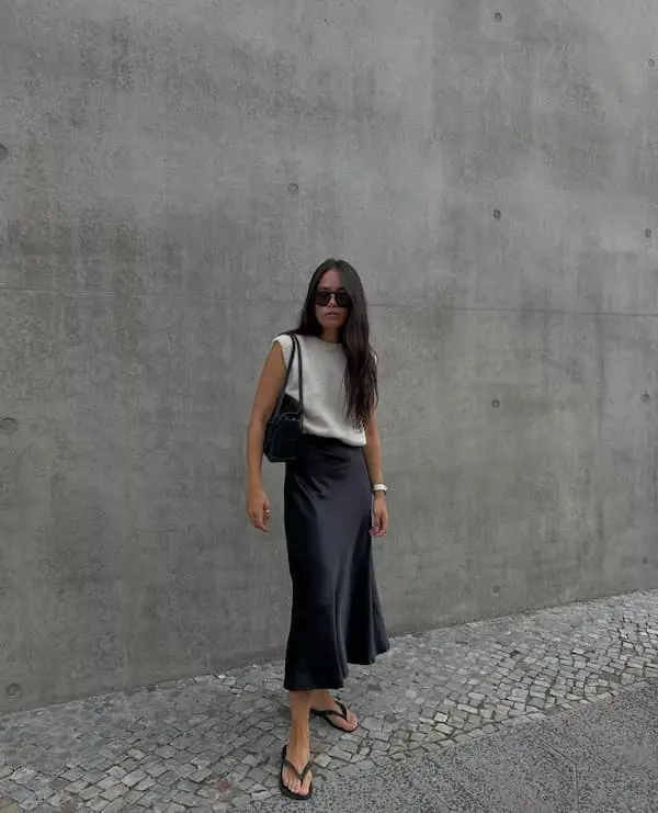 Sleeveless Top with Satin Midi Skirt,  Slippers + Handbag and Sunglasses