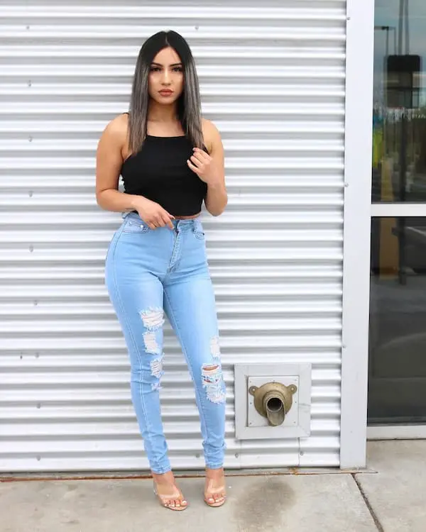 Spaghetti Strap Crop Top with Light Blue Ripped Jeans and Heels