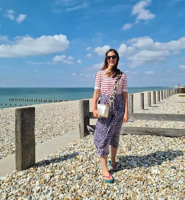 Stripy Top with Skirt, Flipflops, handbag and Sunglasses