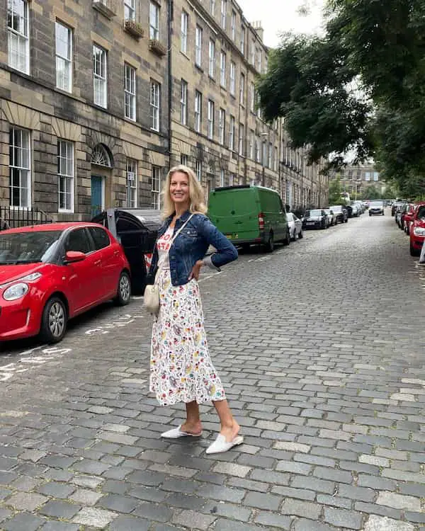 T-Shirt  with Long Floral Midi Skirt,  Denim Jacket and Flat Shoes