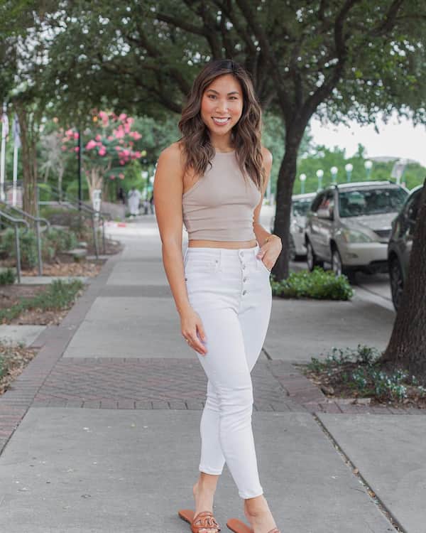 Tank Crop Top with High Waist White Jeans and Slippers