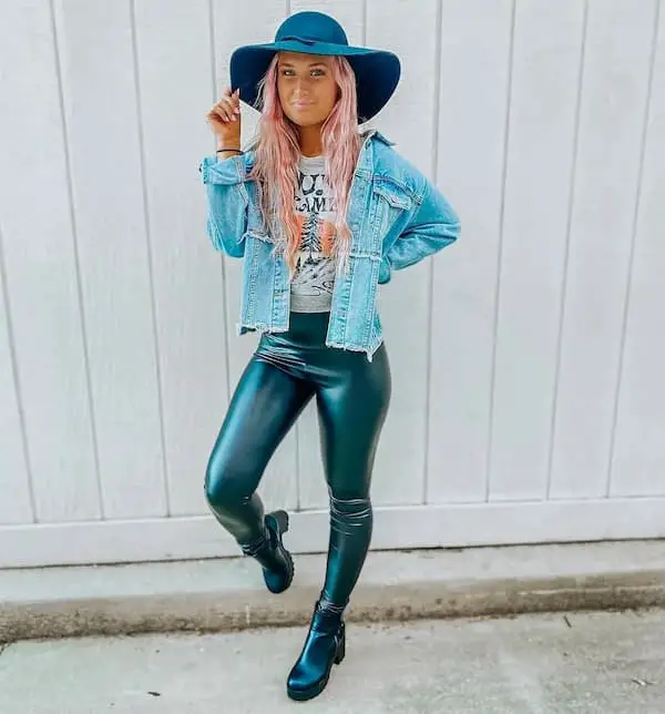 Tee + Denim Jacket with Leather Pants and Hat + Combat Heels