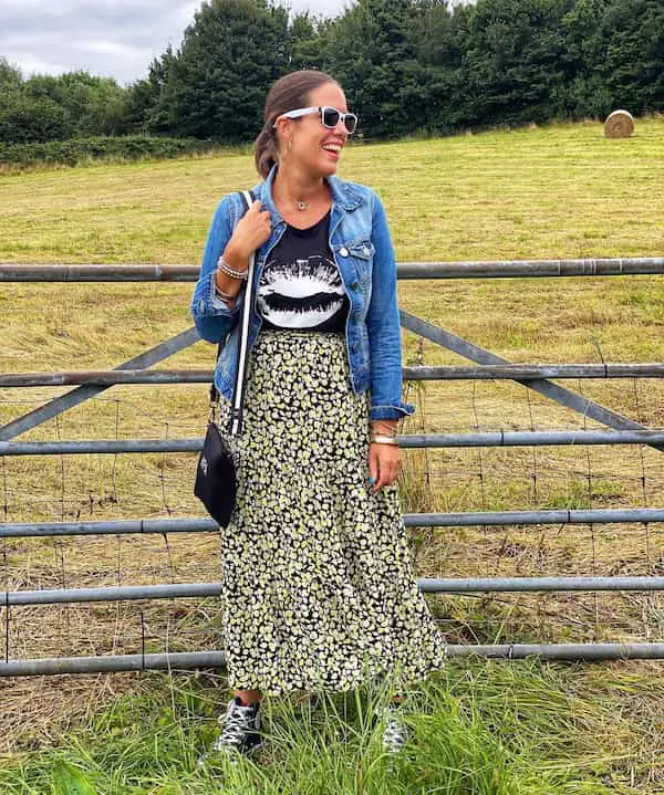 Tee + Midi Floral Gown with Denim Jacket and Trainers + Chic Bag + Sunglasses