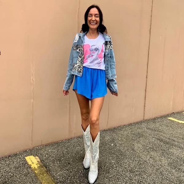 Tee with Loose Blue Shorts and Denim Jacket + Boots