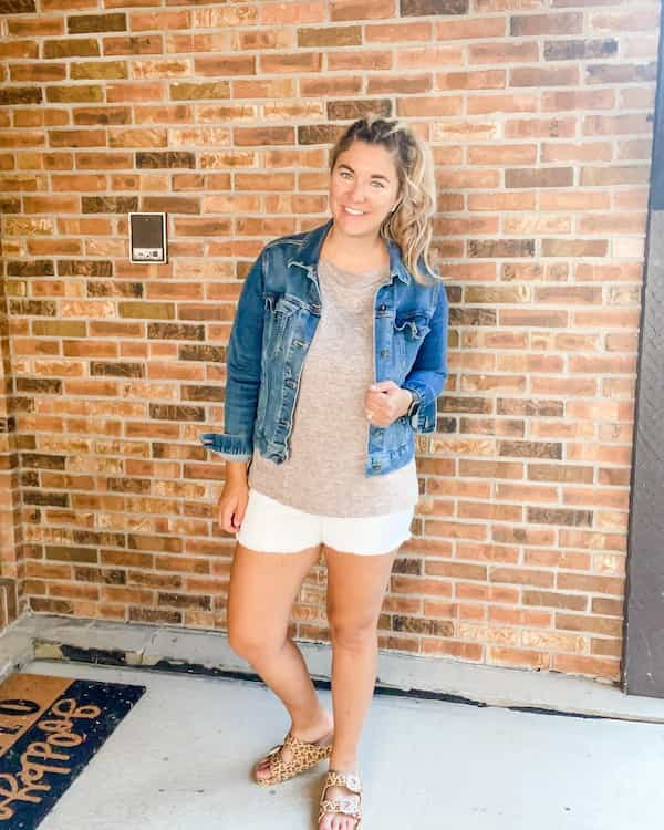 Tee with White Shorts and Denim Jacket + Sandals