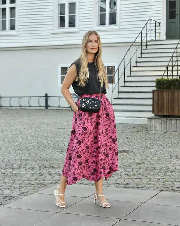 Tiger Midi Skirt with Sleeveless Top + Heels and Chic Bag