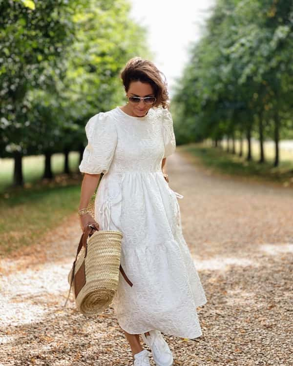 White Puffed Up Gown + Trainers + Basket Bag + Sunglasses