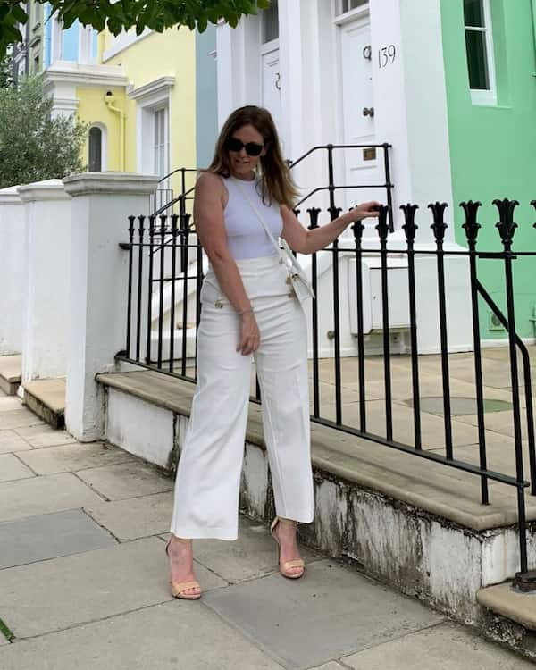 White Tank Top + High Waist Pants + Heels + Bag + Sunglasses