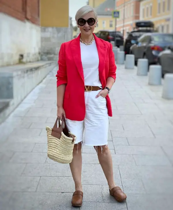 White Top & Shorts + Belt + Red Blazer + Shoes + Bag