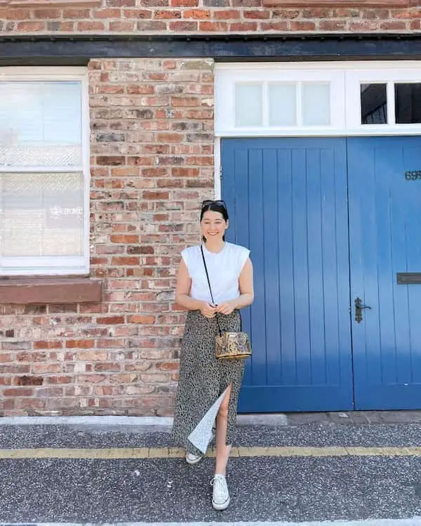 White Top with Slit Animal Skin Midi Skirt and Trainers + Handbag