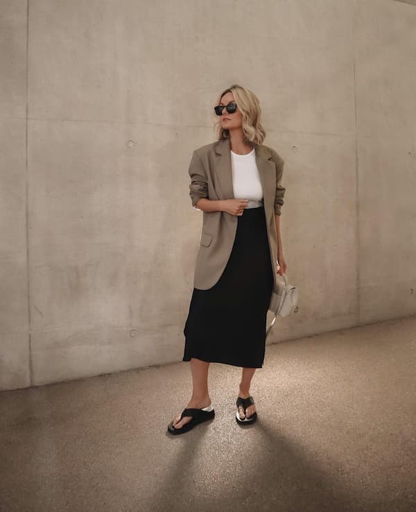 White Vest + Blazer with Midi Black Skirt + Flip Flops and Sunglasses