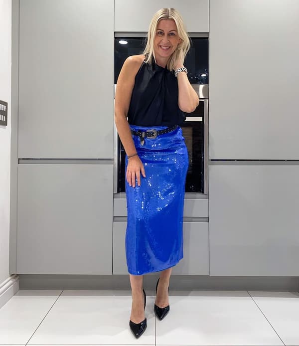 Zara Satin Top with Sequin Skirt + Belt and Heels