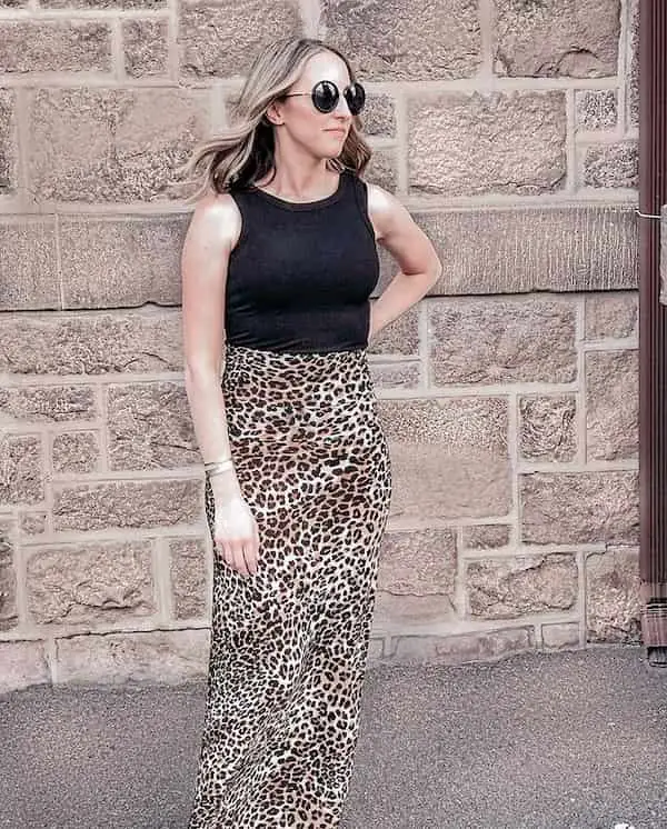 Black Tank Top + Leopard Skin Long Skirt