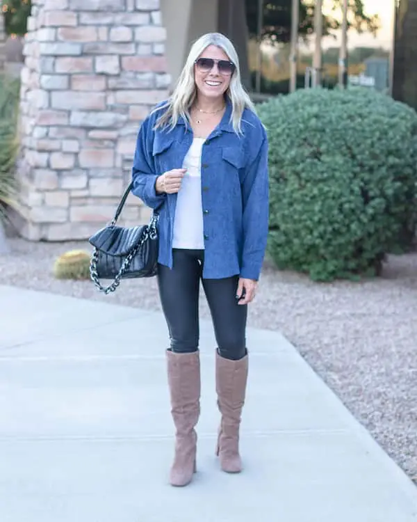 Blue Long Sleeve Shirt + White Top + Faux Leather Leggings + Knee High Boots + Bags + Sunglasses