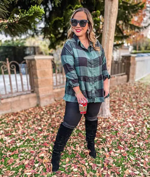 Button Down Long Sleeve Shirt + Faux Leather Leggings + Knee-High Boots