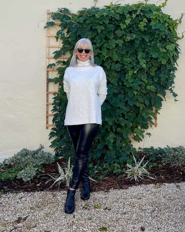 Gray Turtle Neck Sweater + Black Faux Leather Leggings + Black Boots