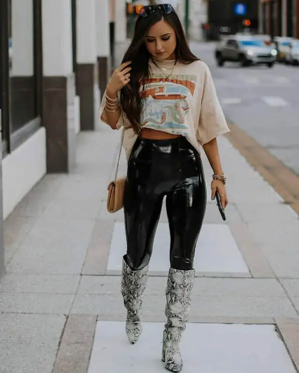 Oversized Crop Top + Faux Leather Leggings + Knee-high Boots