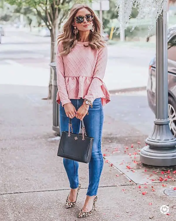 Baby Pink Long Sleeve Peplum Top + Blue Jeans + Leopard Print Heels + Handbag