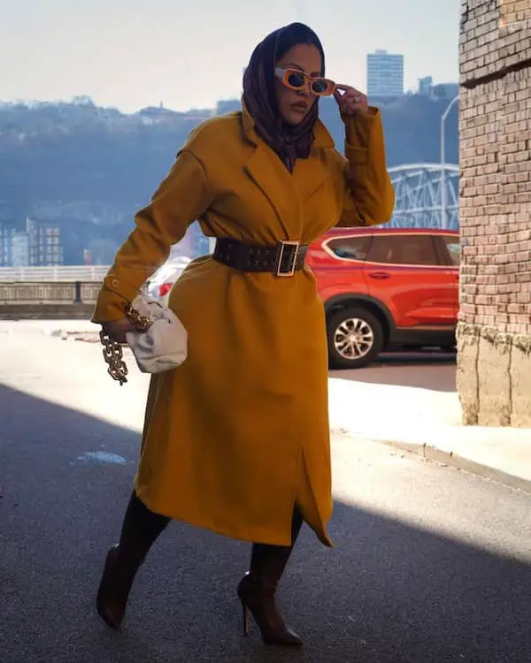 Belt Trench Coat + Knee High Boots + Hijab+ Shades + Chic Bag
