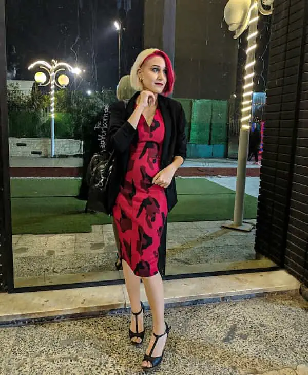 Black Blazer with Body Tight Red and Black Floral Gown + Black Heels + Handbag