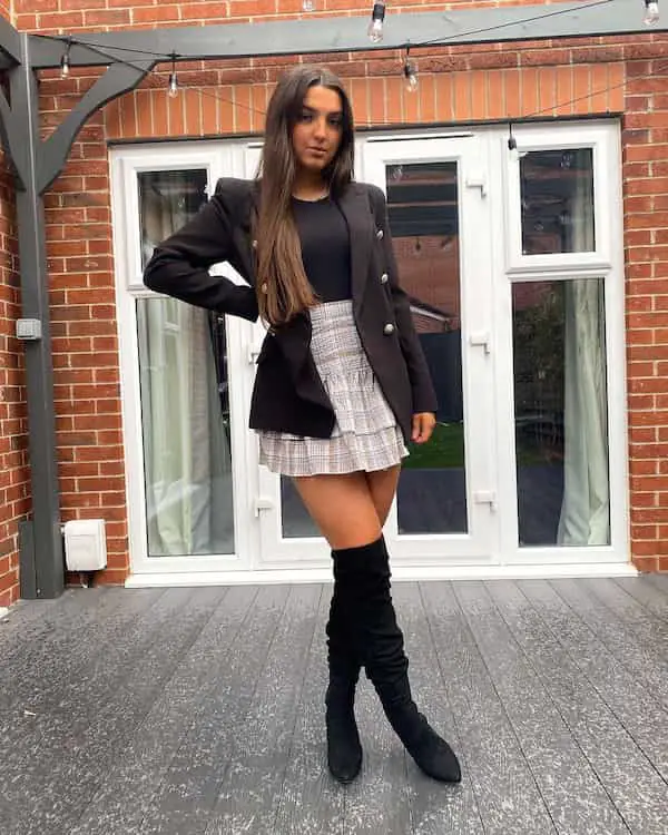 Black Blazer with Pleated High Waist Mini Skirt + Black Top + Over-the-Knee-Boots