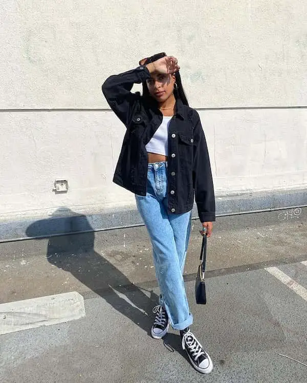 Black Jean Jacket with White Crop Top + Light Blue Jeans + All Star Shoes + Handbag + Sunglasses