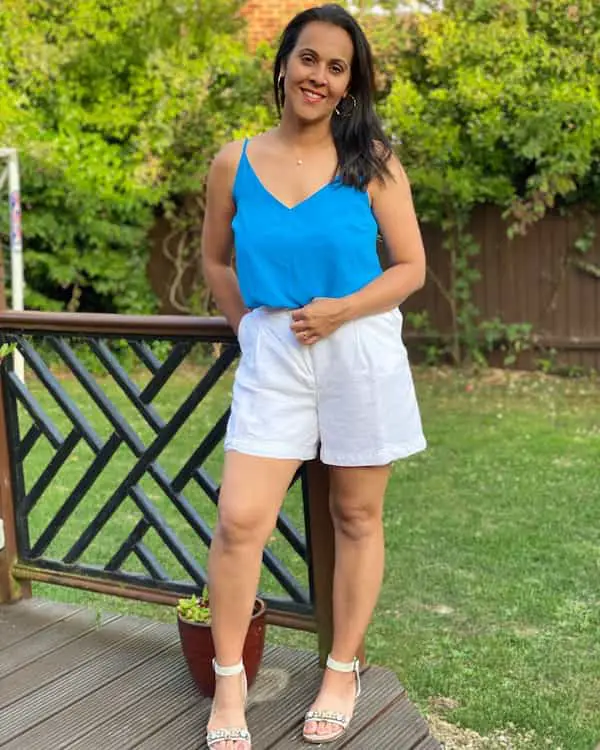 Blue Cami Top + White Shorts + Sandals