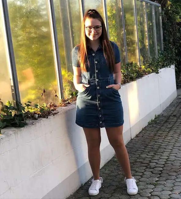 Button-Up with Side Pocket Mini Denim Dress + Sneakers + Glasses