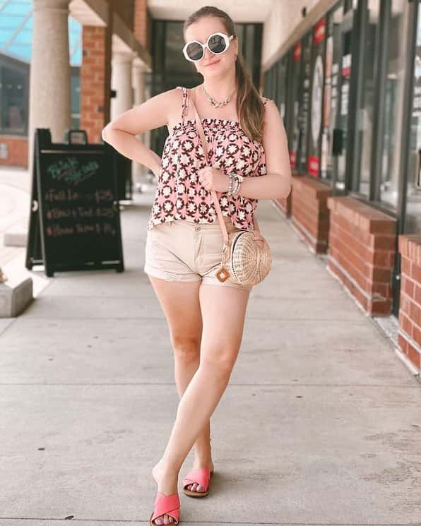 Floral Cami Top + Tan Bum Shorts + Flat Slides + Chic Handbag + Shades