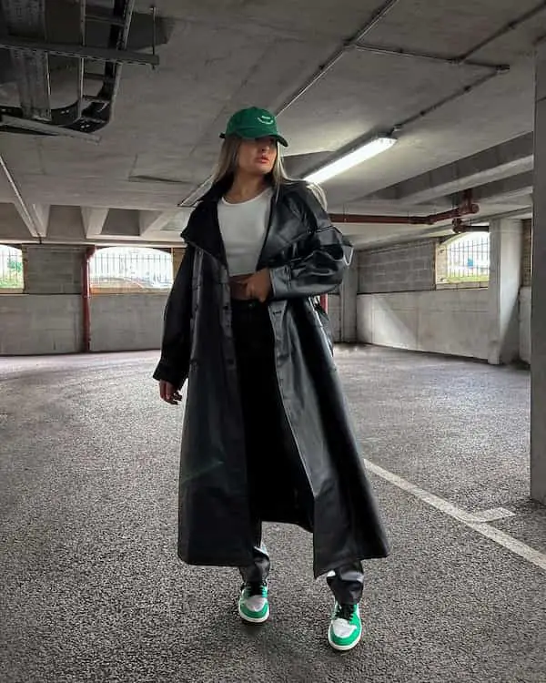 Leather Trench Coat + White Crop Top + Leather Pants + Nike Sneakers + Face Cap