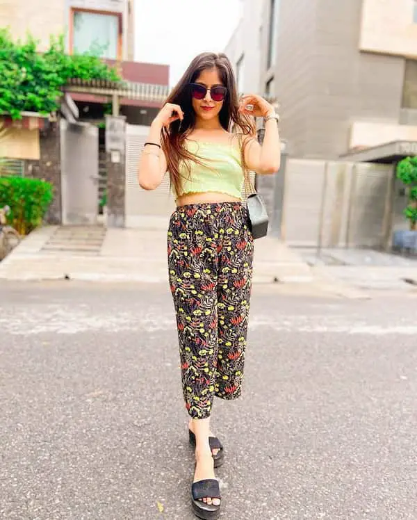 Lemon Green Crop Cami Top + Floral Loose Pants + Black Wedge + Handbag