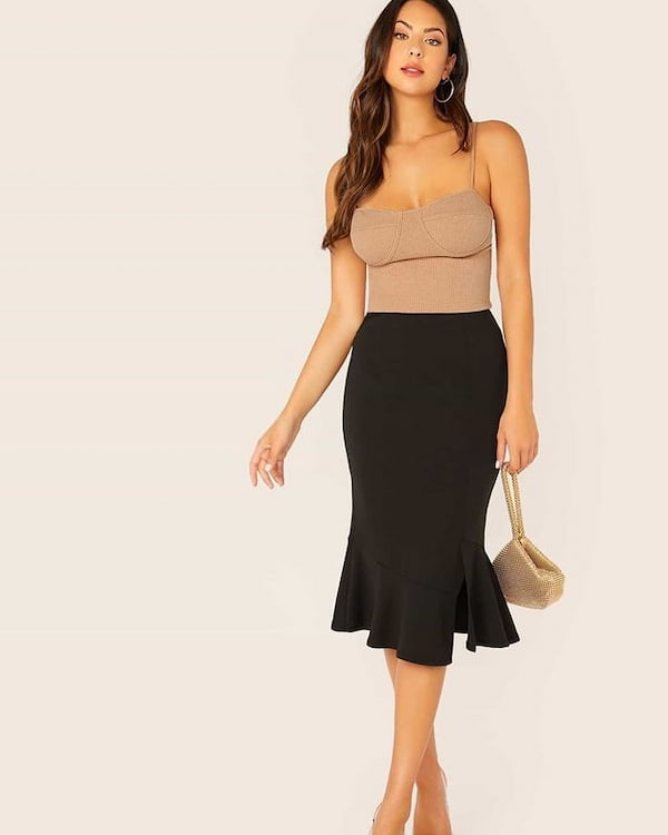 Mock Cute Cami Top + High Waist Flare Skirt + Heels + Purse