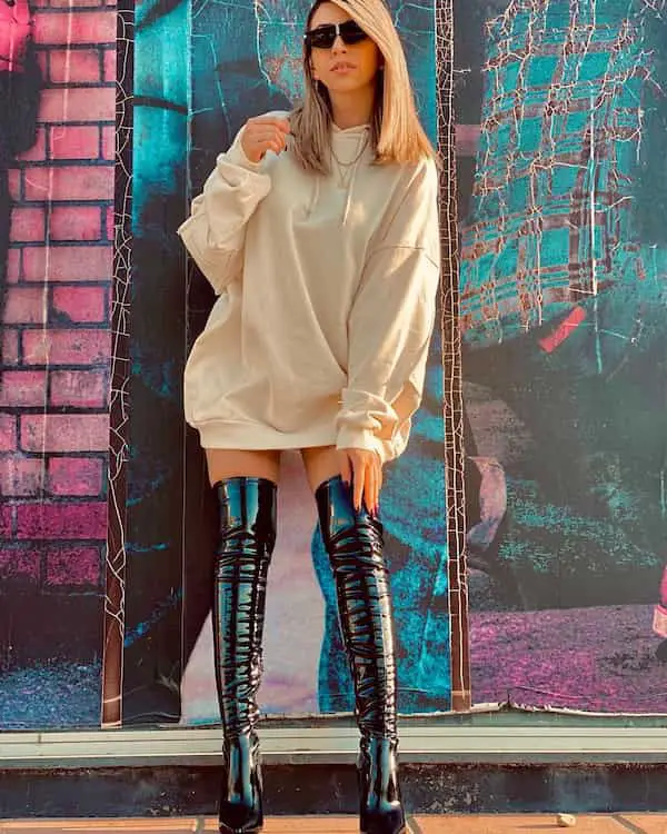 Oversized Hoodie + Thigh-High Leather Boots + Sunglasses