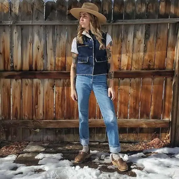 Sherpa Lined Jean Vest + White Tee + Jean + Boots + English Hat