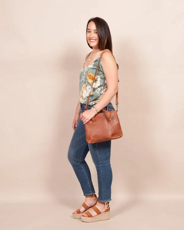 Silk Floral Cami Top with Denim Pants + Wedge Shoes