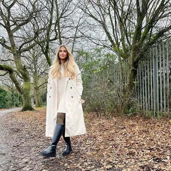 Trench Coat + Jumper Dress + Knee High Boots