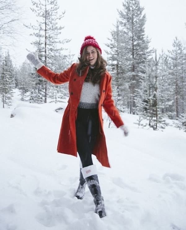 White Fur Top + Red Overcoat + Thermal Fleece Leggings + Knee High Winter Boots + Hand Gloves + Head Warmer