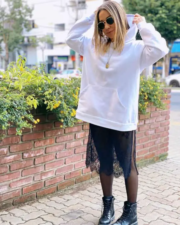 White Oversized Hoodie + B;ack Net Skirt + Black Boots + Glasses