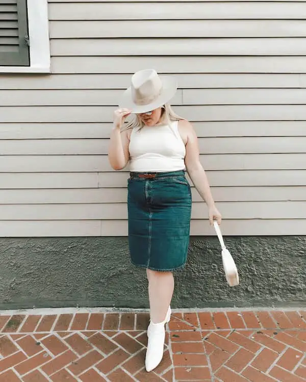 White Tank Top + Jean Short Skirt + Boots + English Hat + Handbag