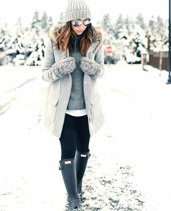 White Top + Sweater + Coat + Cozy Thermal Cashmere Leggings + Knee High Boots + Headwarmer + Shades