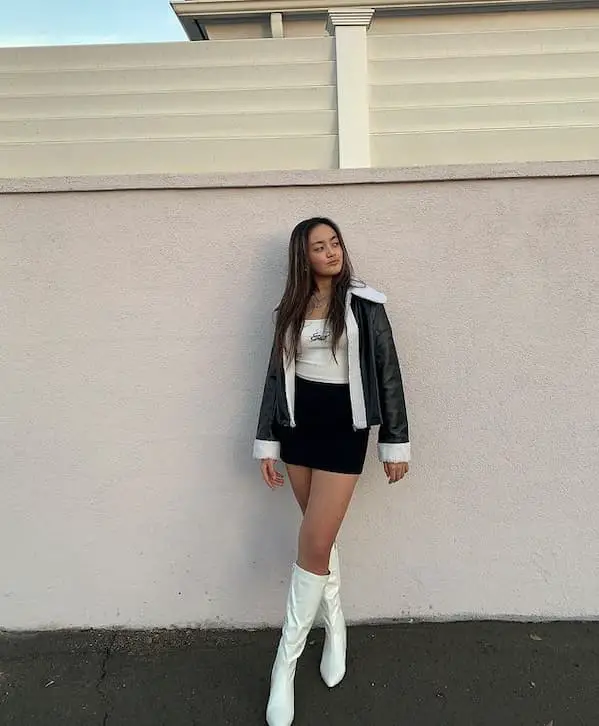 White Well-fitted Cami Top + Black Mini Skirt + Black Jacket + White Knee High Boots