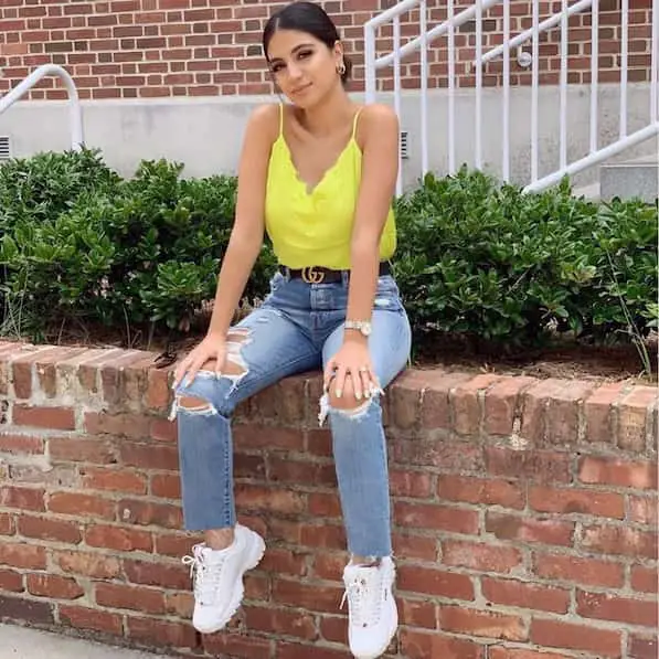 Yellow Cami Top + Ripped Jeans + White Sneakers