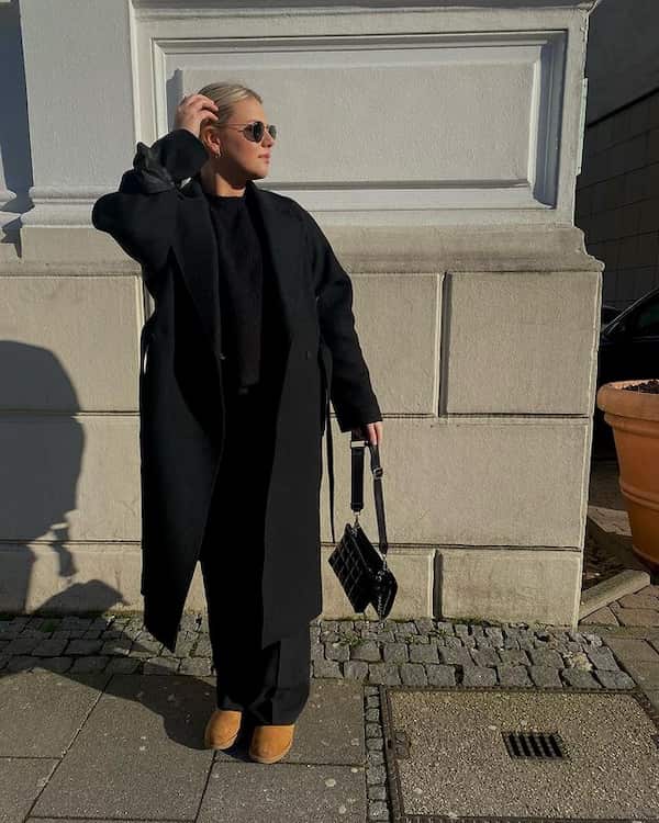 All Black Long Gown + Trench Coat + Ugg Boots + Handbag + Sunglasses