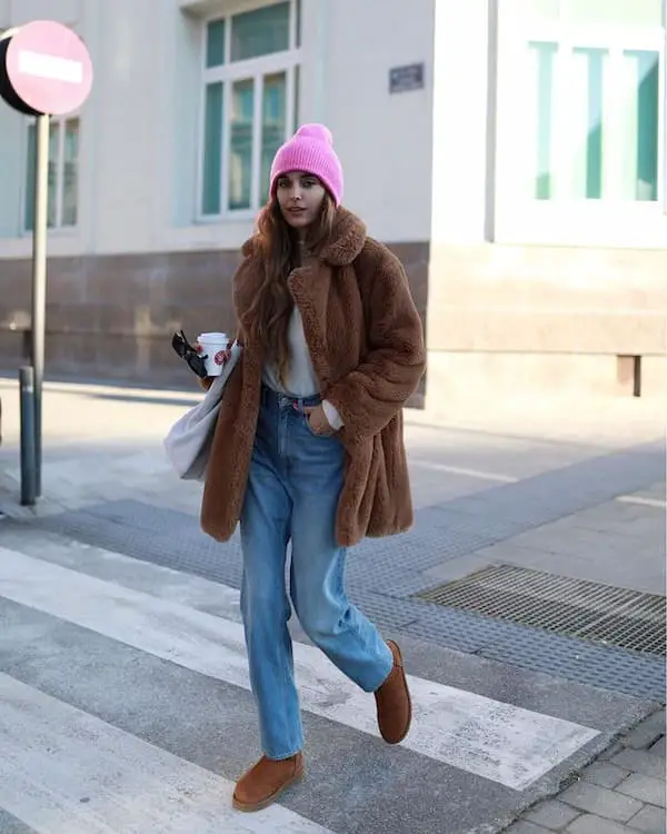Ash Tee + Blue jeans + Fur Winter Coat + Ugg Boots + Sweat Cap