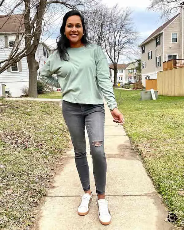 Basic Long Sleeve Shirt + Grey Jeans + Sneakers